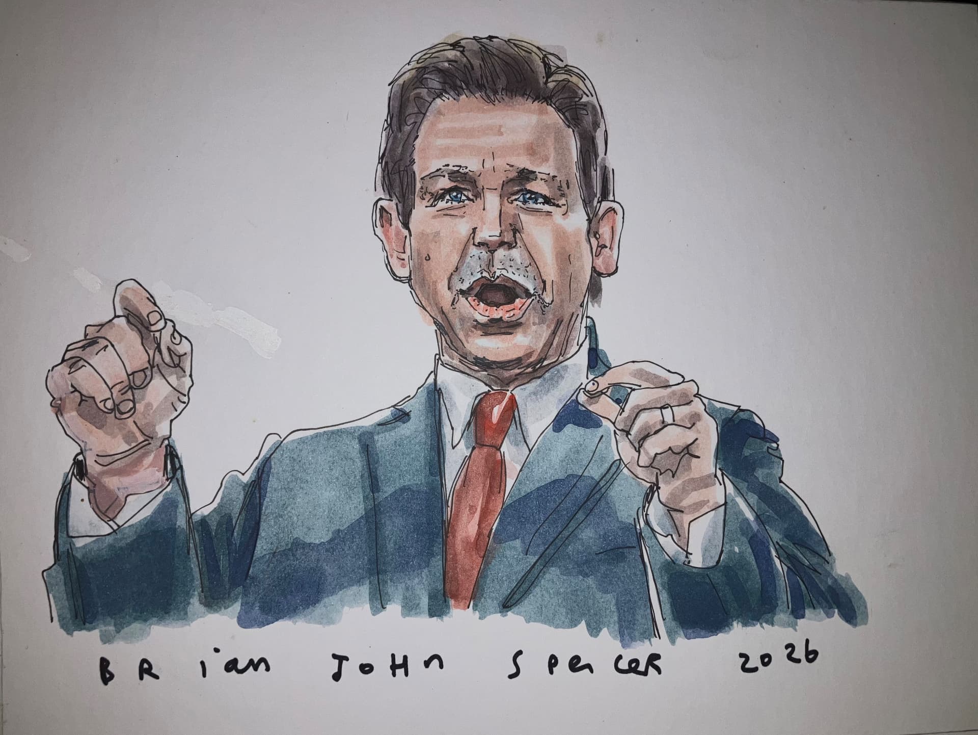 Ron DeSantis, original watercolour caricature by Brian John Spencer