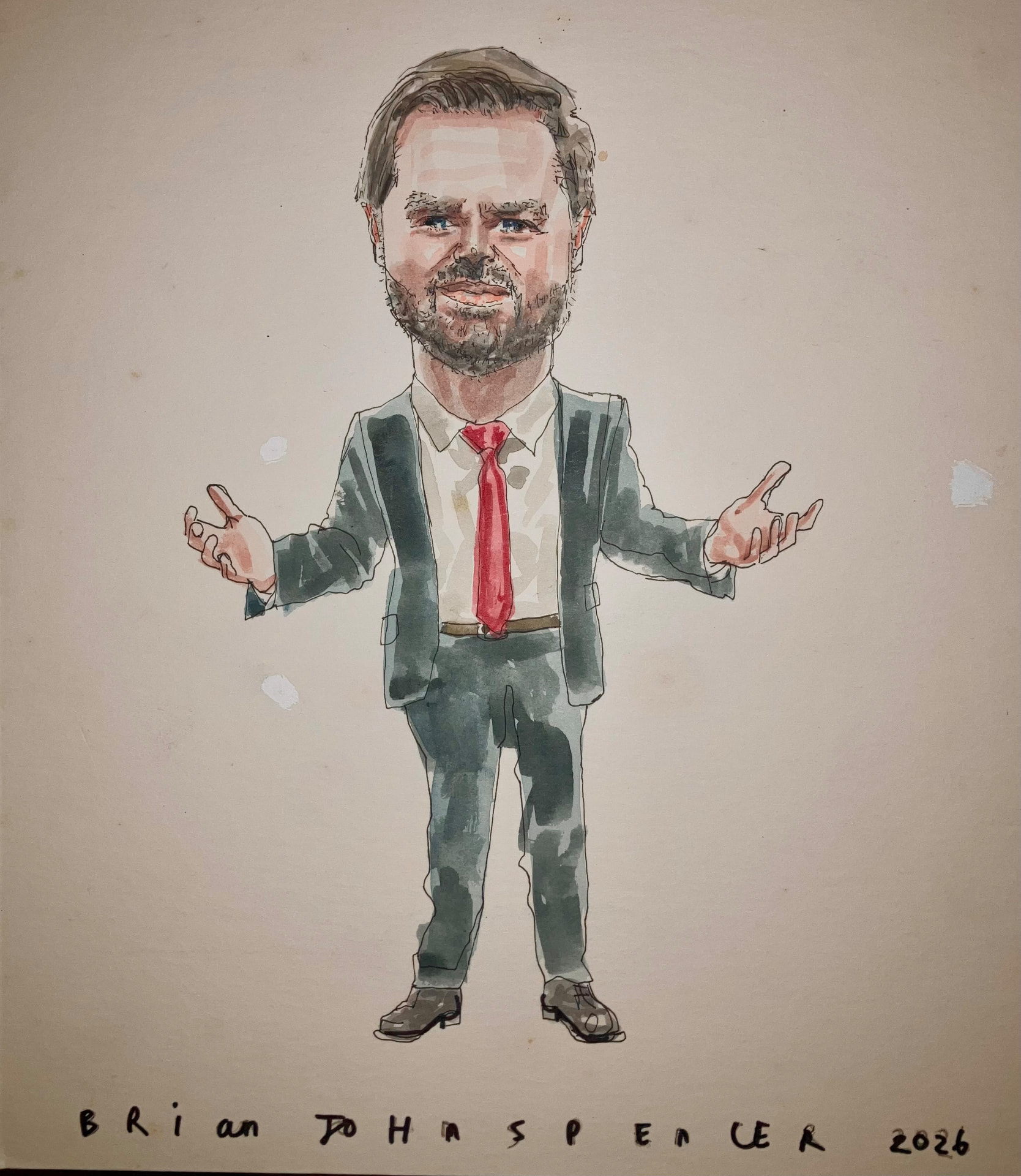 JD Vance, original watercolour caricature by Brian John Spencer