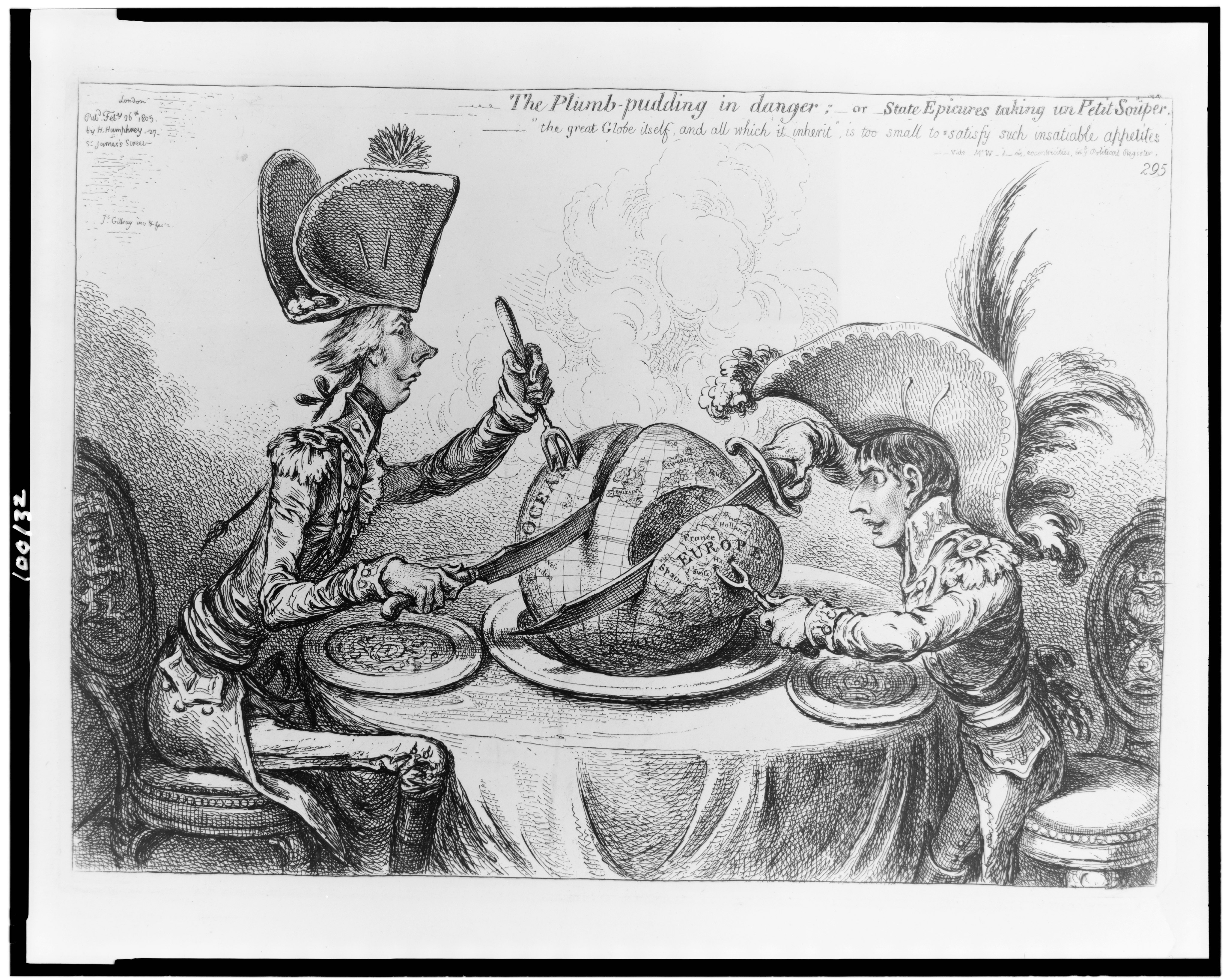 James Gillray’s The Plumb-pudding in Danger: William Pitt and Napoleon carve a globe-shaped pudding between them.