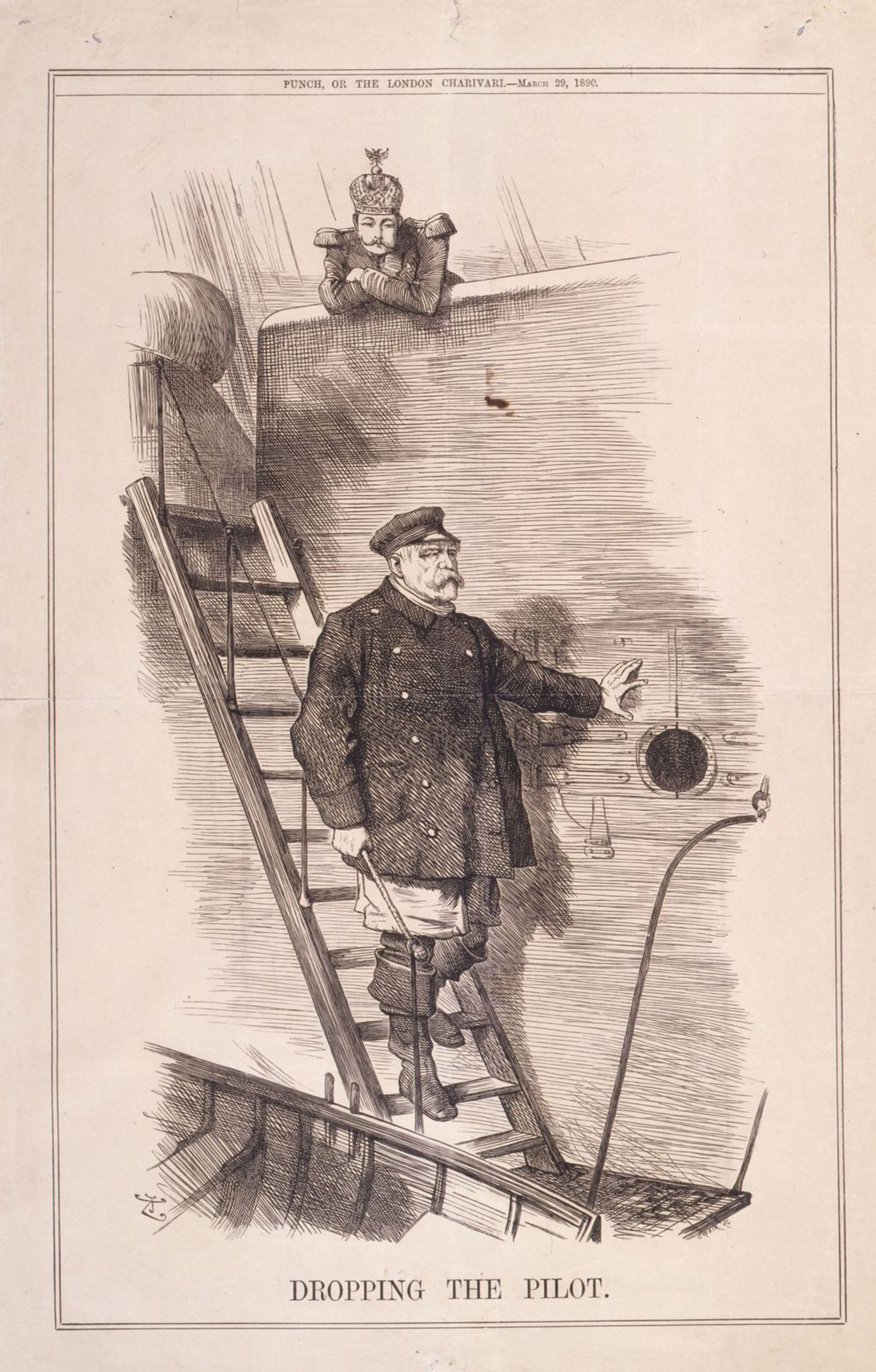 John Tenniel’s Dropping the Pilot: Bismarck descends a ship’s ladder as Kaiser Wilhelm II watches from the deck.