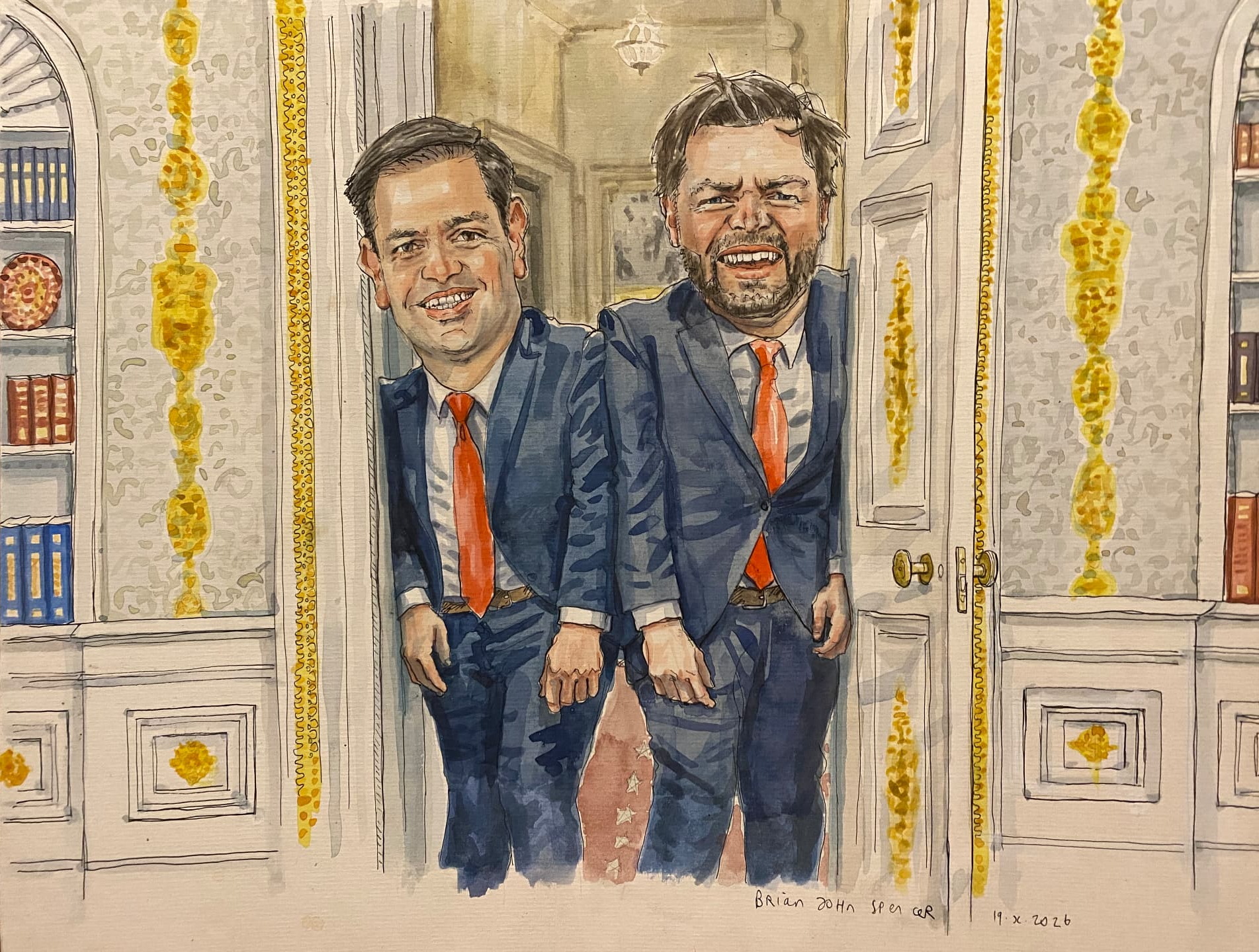The Art of Political Mischief — Marco Rubio and JD Vance at the Oval Office door, original watercolour by Brian John Spencer