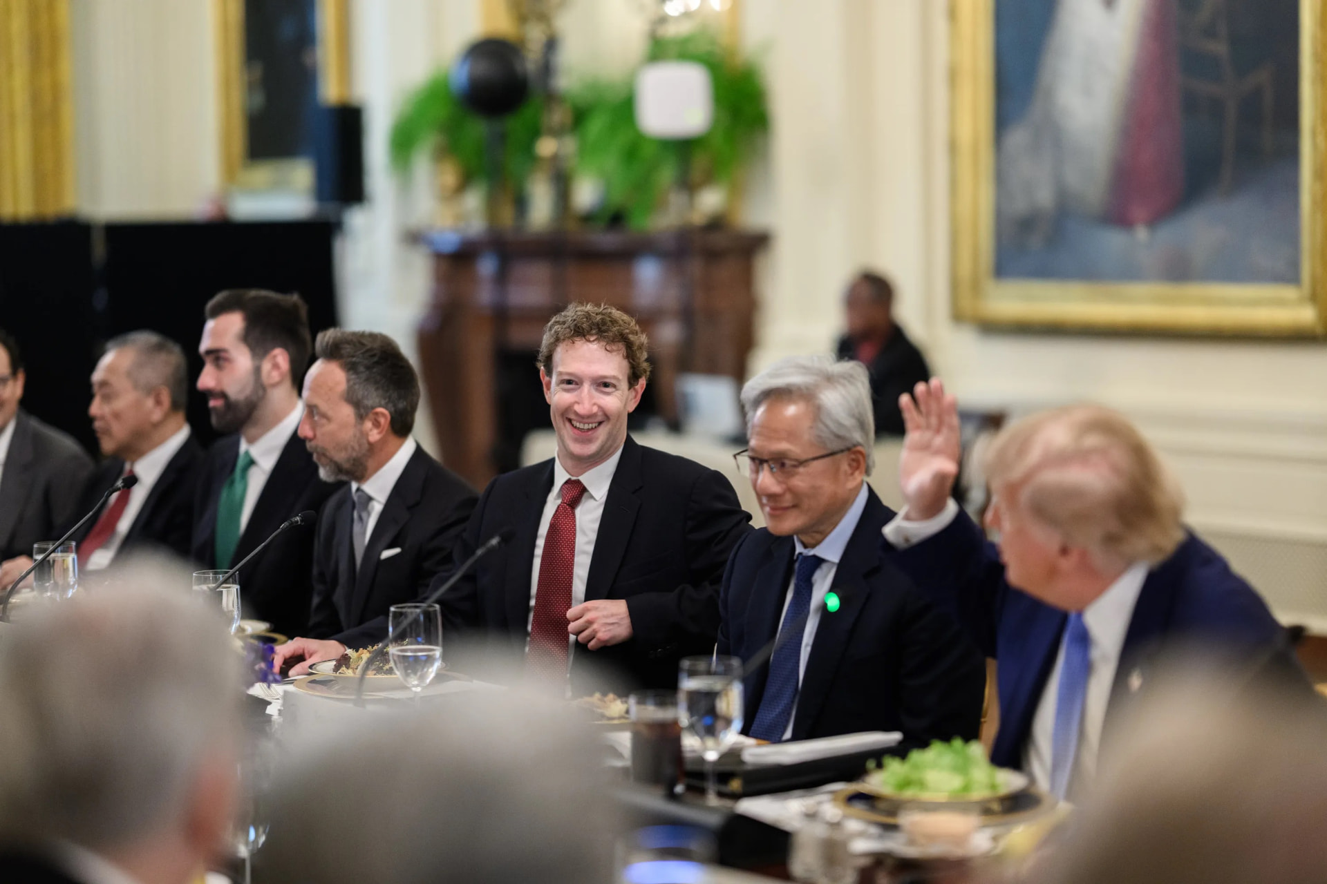 Mark Zuckerberg and fellow guests at the White House luncheon on Super Intelligence, with President Trump beyond