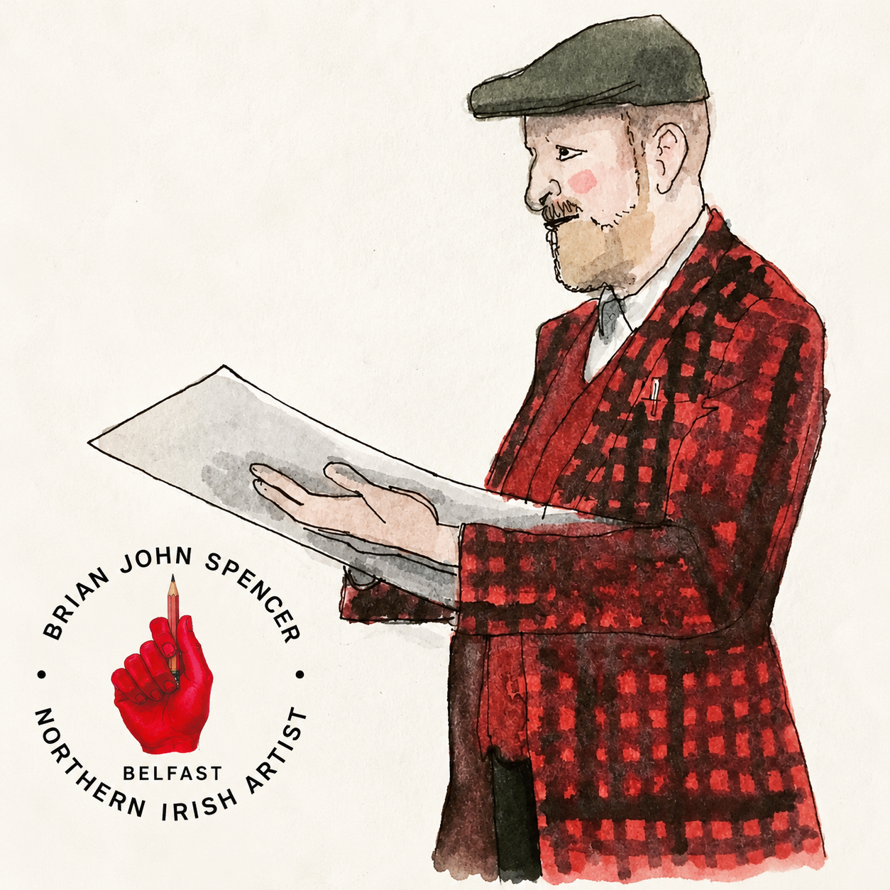 Brian John Spencer’s watercolour self-caricature, holding a drawing, with his Northern Irish Artist emblem.