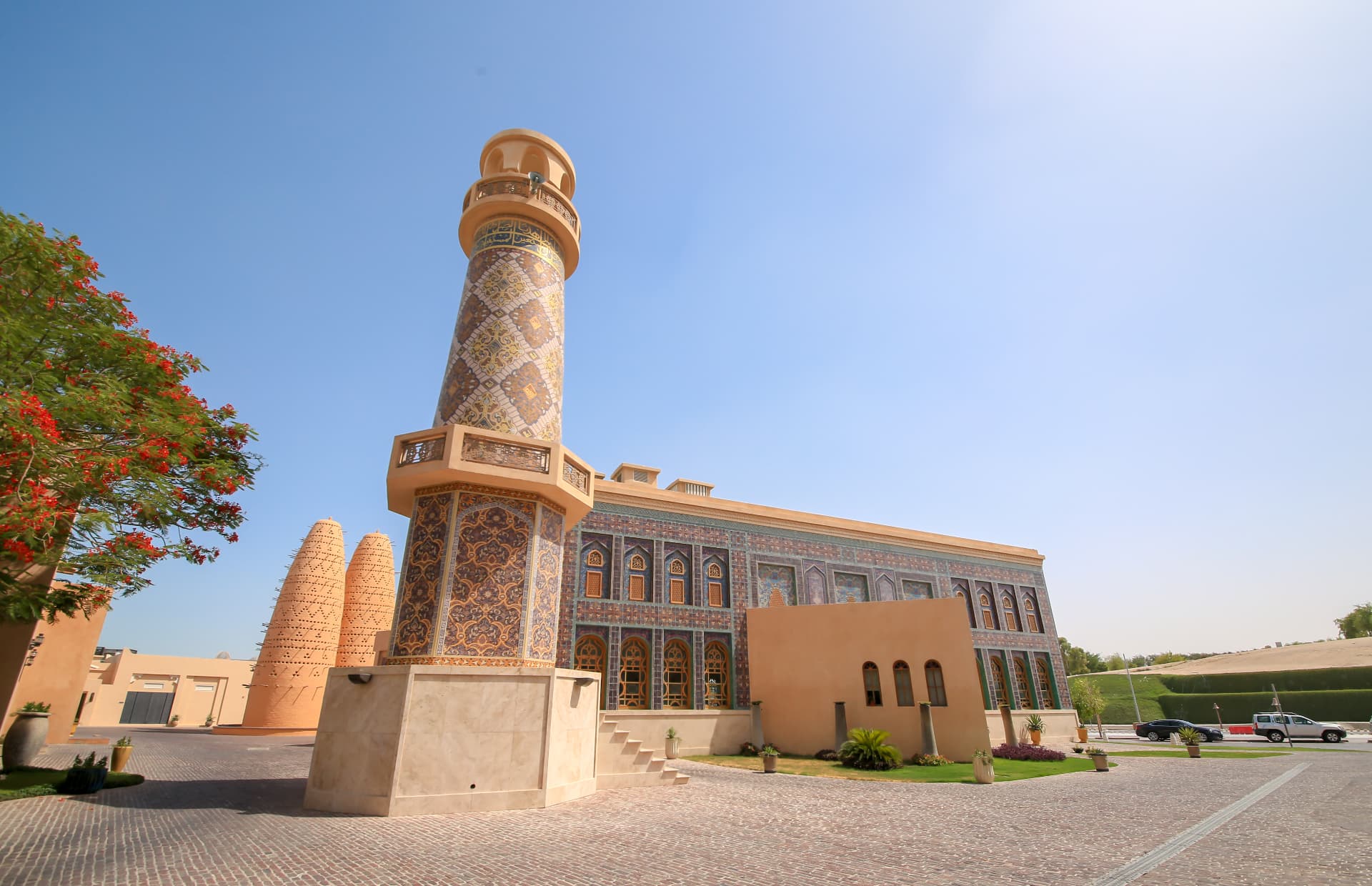 The tiled minaret and pigeon towers of Katara Cultural Village, Doha