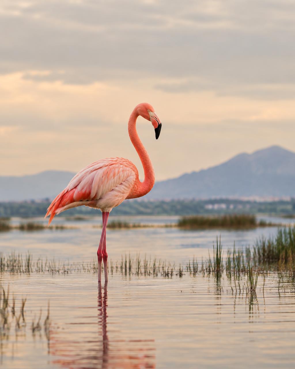A greater flamingo standing in an Albanian wetland